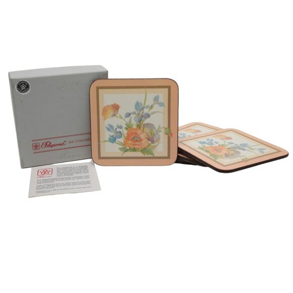 Vintage Pimpernel Acrylic Cork Coasters Peach Pastel Floral Made in England x 6 - Picture 6 of 10